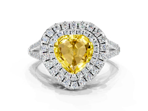 White gold Heart Cut Yellow Sapphire Double Halo Ring with Pavé Band and Prong Setting_12