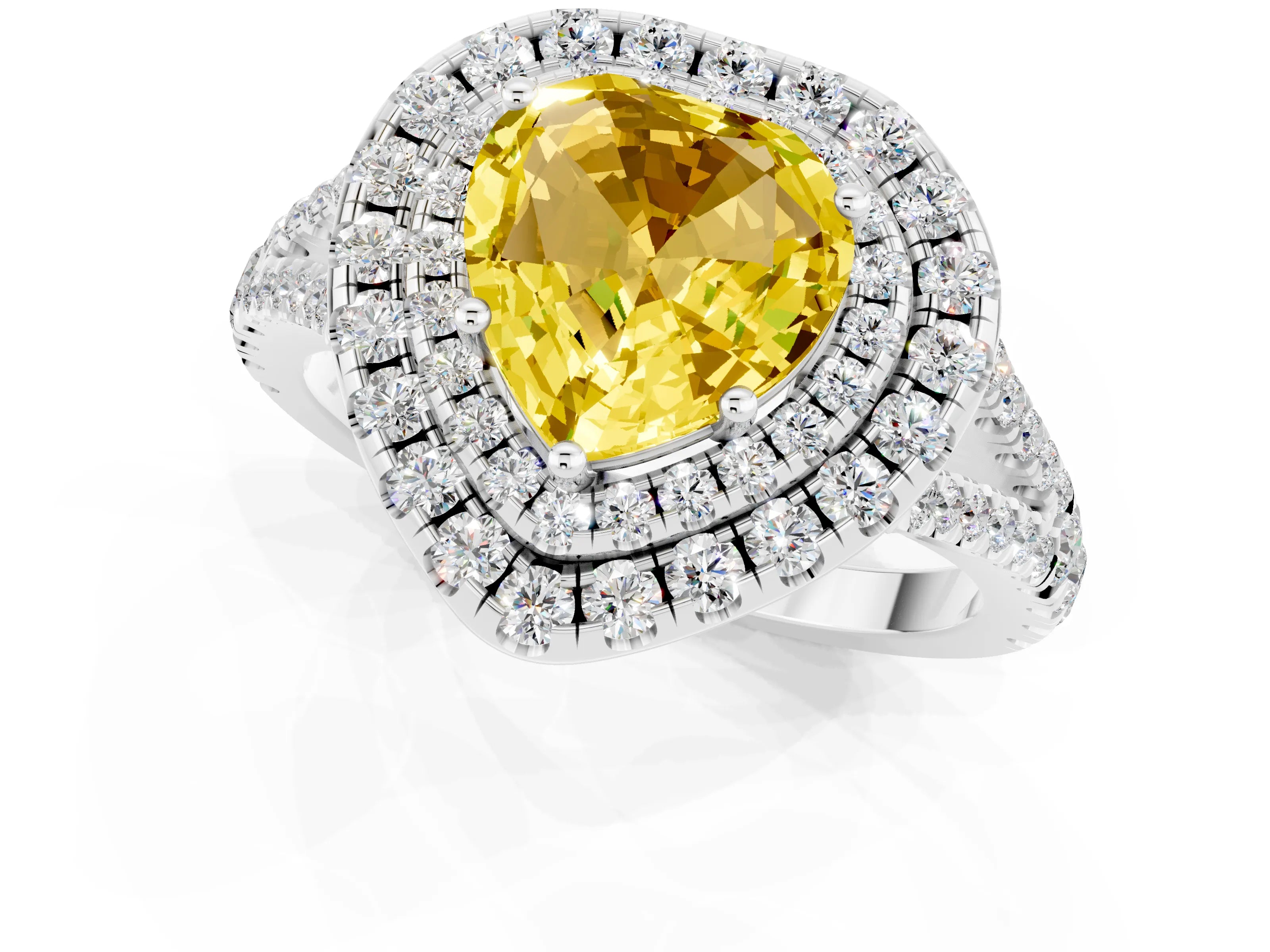 White gold Heart Cut Yellow Sapphire Double Halo Ring with Pavé Band and Prong Setting_13
