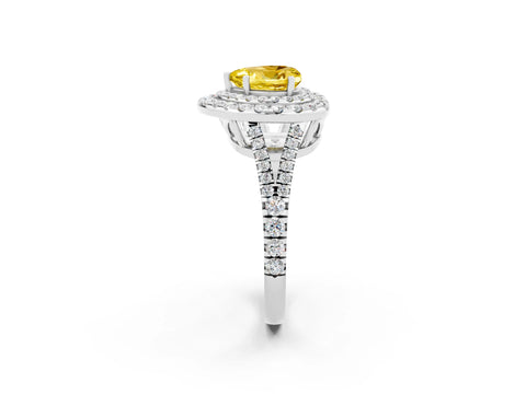 White gold Heart Cut Yellow Sapphire Double Halo Ring with Pavé Band and Prong Setting_14