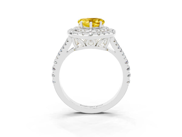Platinum Heart Cut Yellow Sapphire Double Halo Ring with Pavé Band and Prong Setting