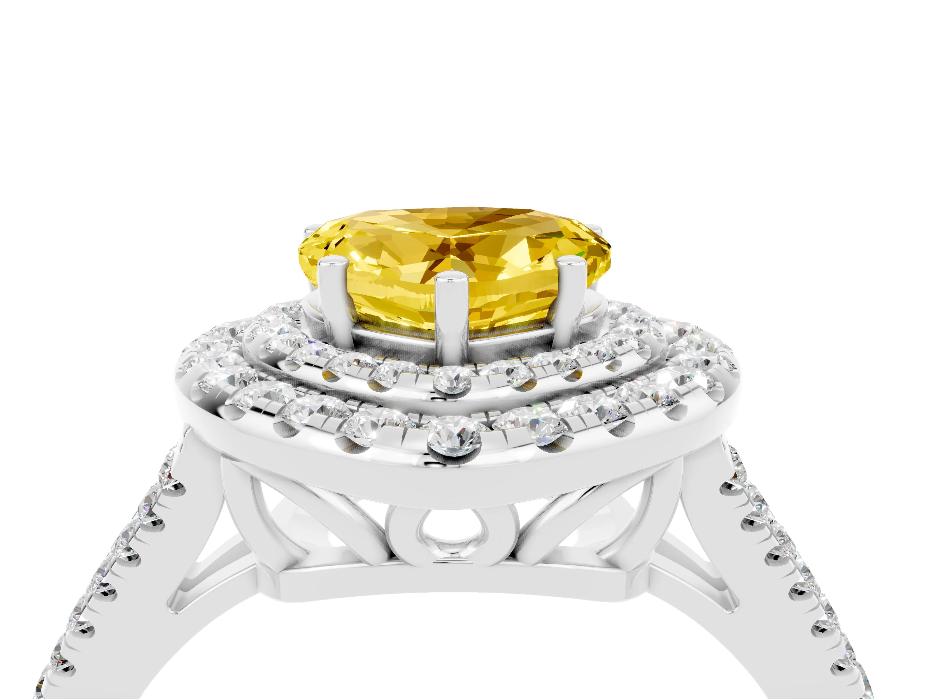 White gold Heart Cut Yellow Sapphire Double Halo Ring with Pavé Band and Prong Setting_16