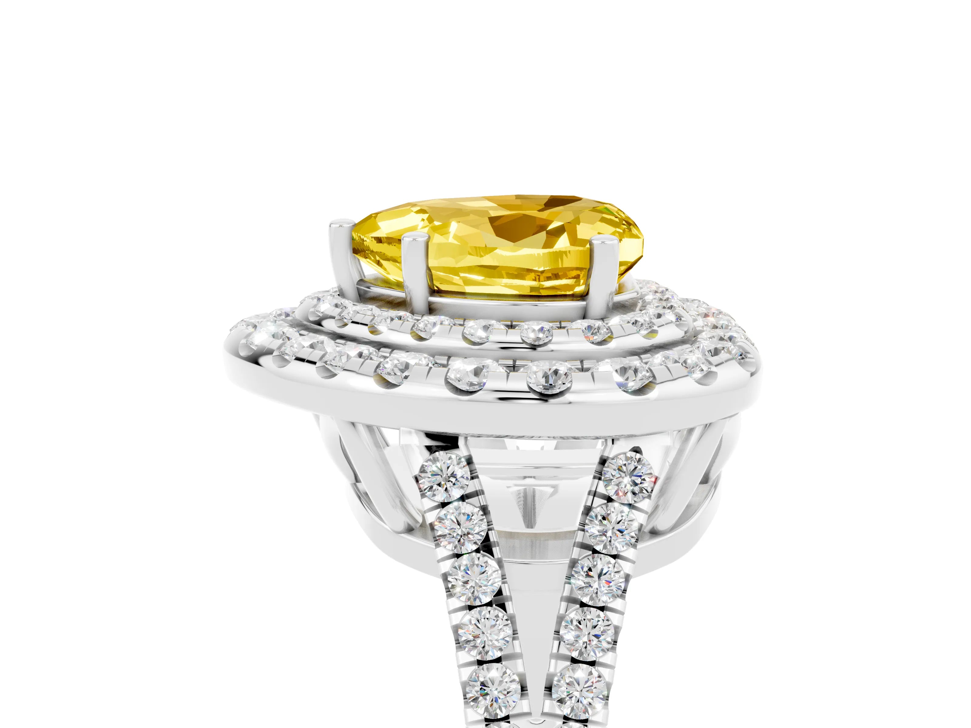 White gold Heart Cut Yellow Sapphire Double Halo Ring with Pavé Band and Prong Setting_17