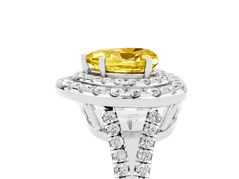 White gold Heart Cut Yellow Sapphire Double Halo Ring with Pavé Band and Prong Setting_17