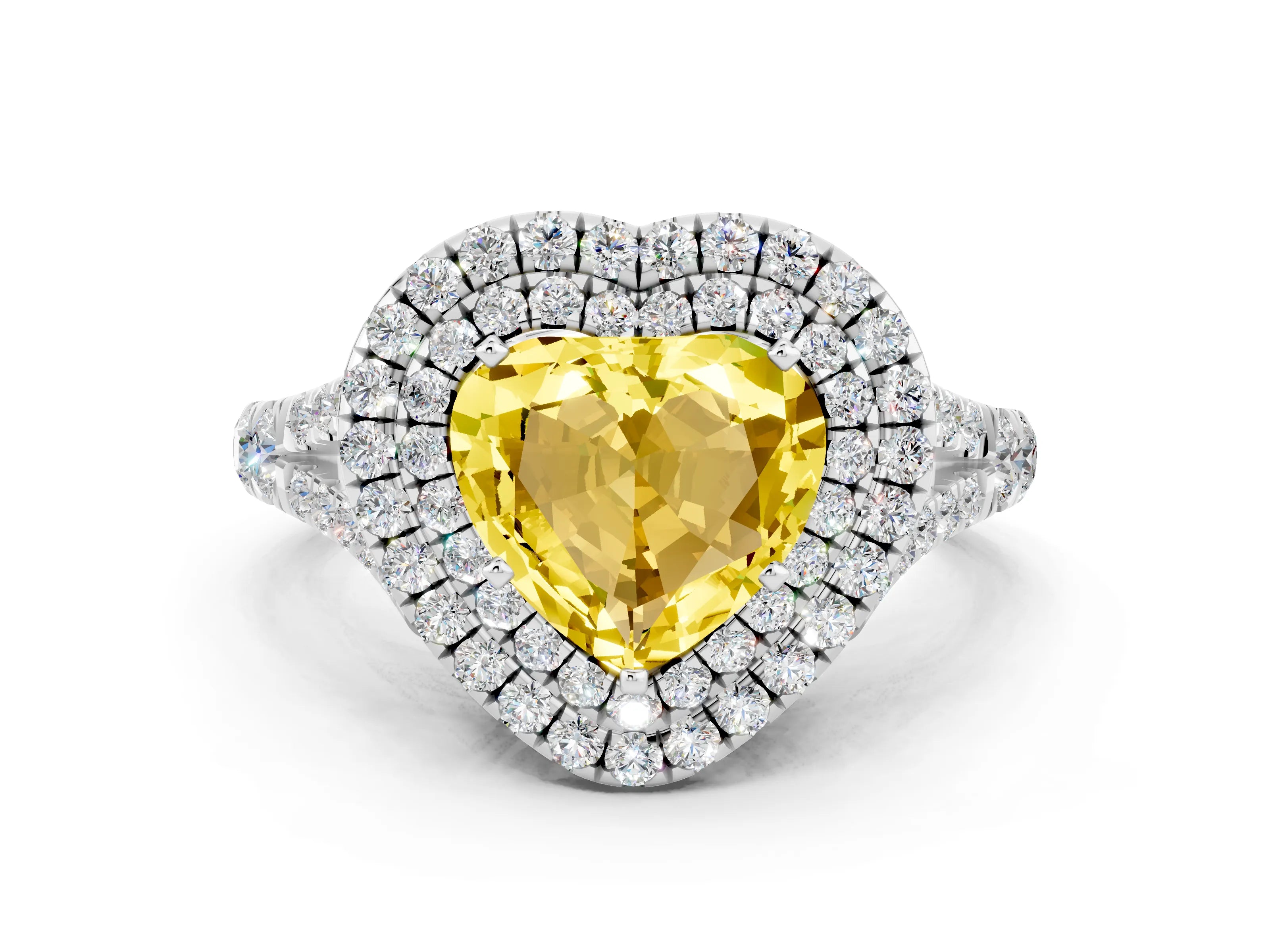 White gold Heart Cut Yellow Sapphire Double Halo Ring with Split Shank and Prong Setting_48