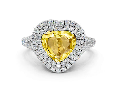 White gold Heart Cut Yellow Sapphire Double Halo Ring with Split Shank and Prong Setting_48