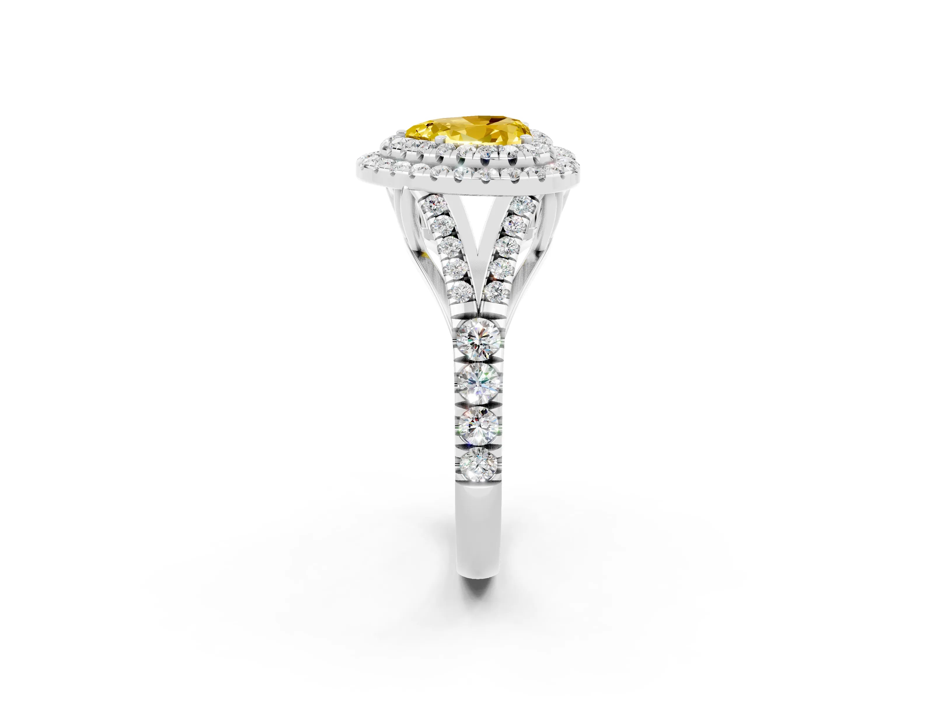 White gold Heart Cut Yellow Sapphire Double Halo Ring with Split Shank and Prong Setting_50