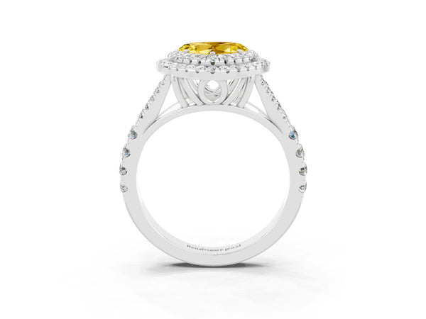 Platinum Heart Cut Yellow Sapphire Double Halo Ring with Split Shank and Prong Setting
