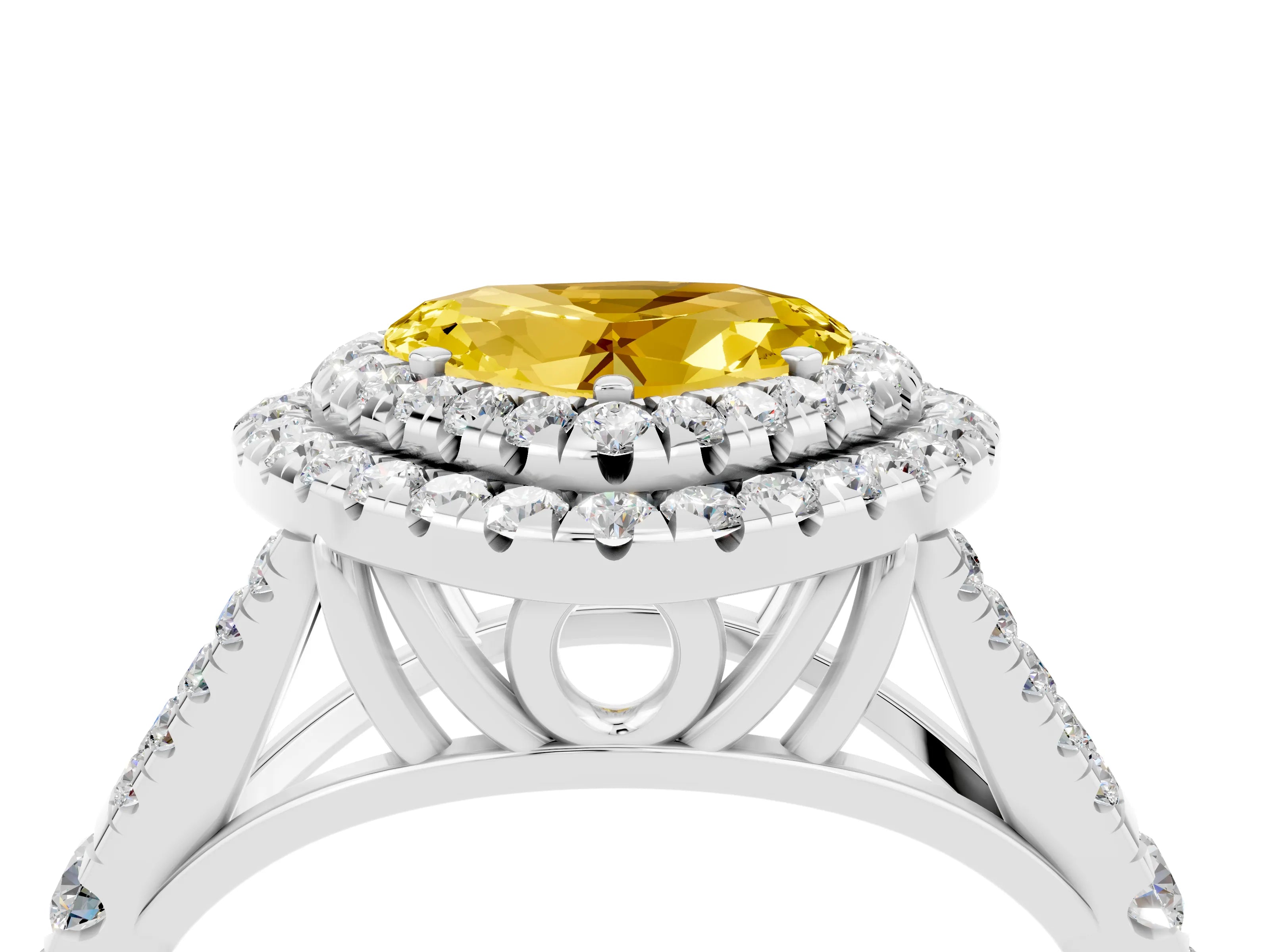 White gold Heart Cut Yellow Sapphire Double Halo Ring with Split Shank and Prong Setting_52