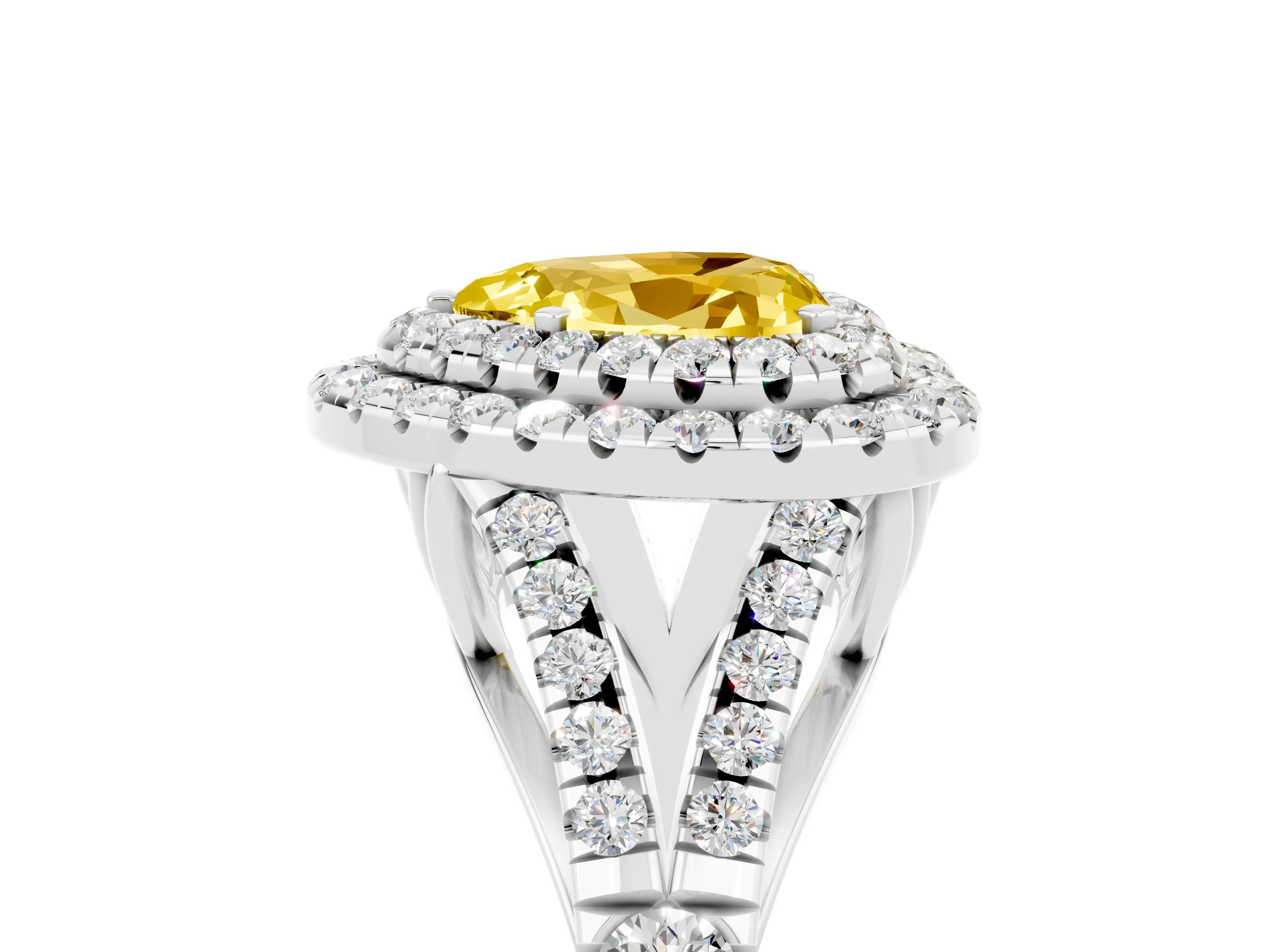 White gold Heart Cut Yellow Sapphire Double Halo Ring with Split Shank and Prong Setting_53