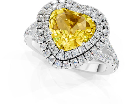 White gold Heart Cut Yellow Sapphire Double Halo Ring with Split Shank and Prong Setting_56