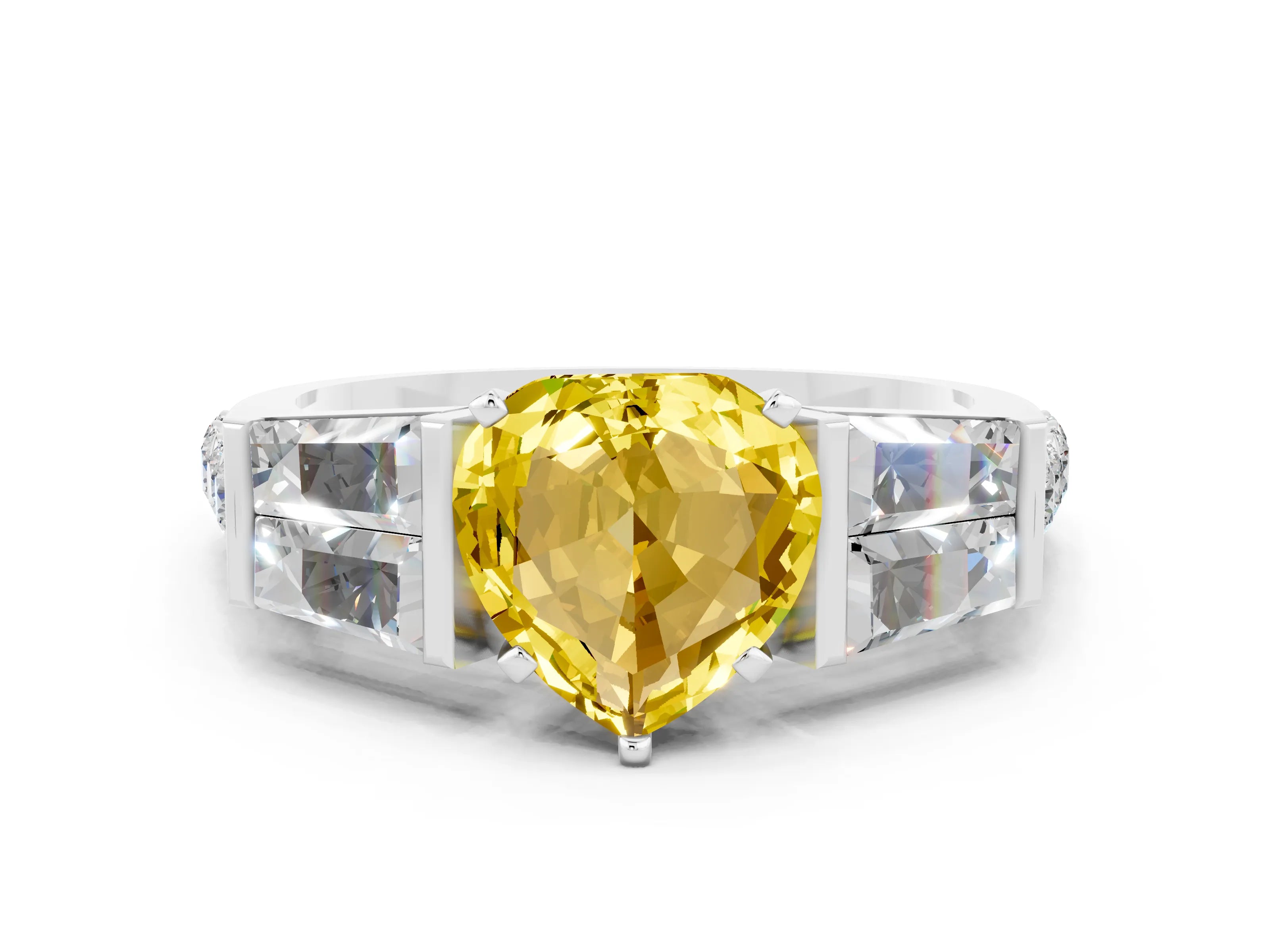White gold Heart Cut Yellow Sapphire Engagement Ring with Baguette Side Stones and Channel Set Band