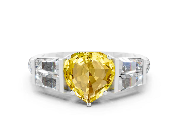 Platinum Heart Cut Yellow Sapphire Engagement Ring with Baguette Side Stones and Channel Set Band