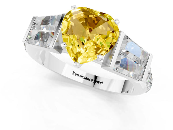 Silver Heart Cut Yellow Sapphire Engagement Ring with Baguette Side Stones and Channel Set Band