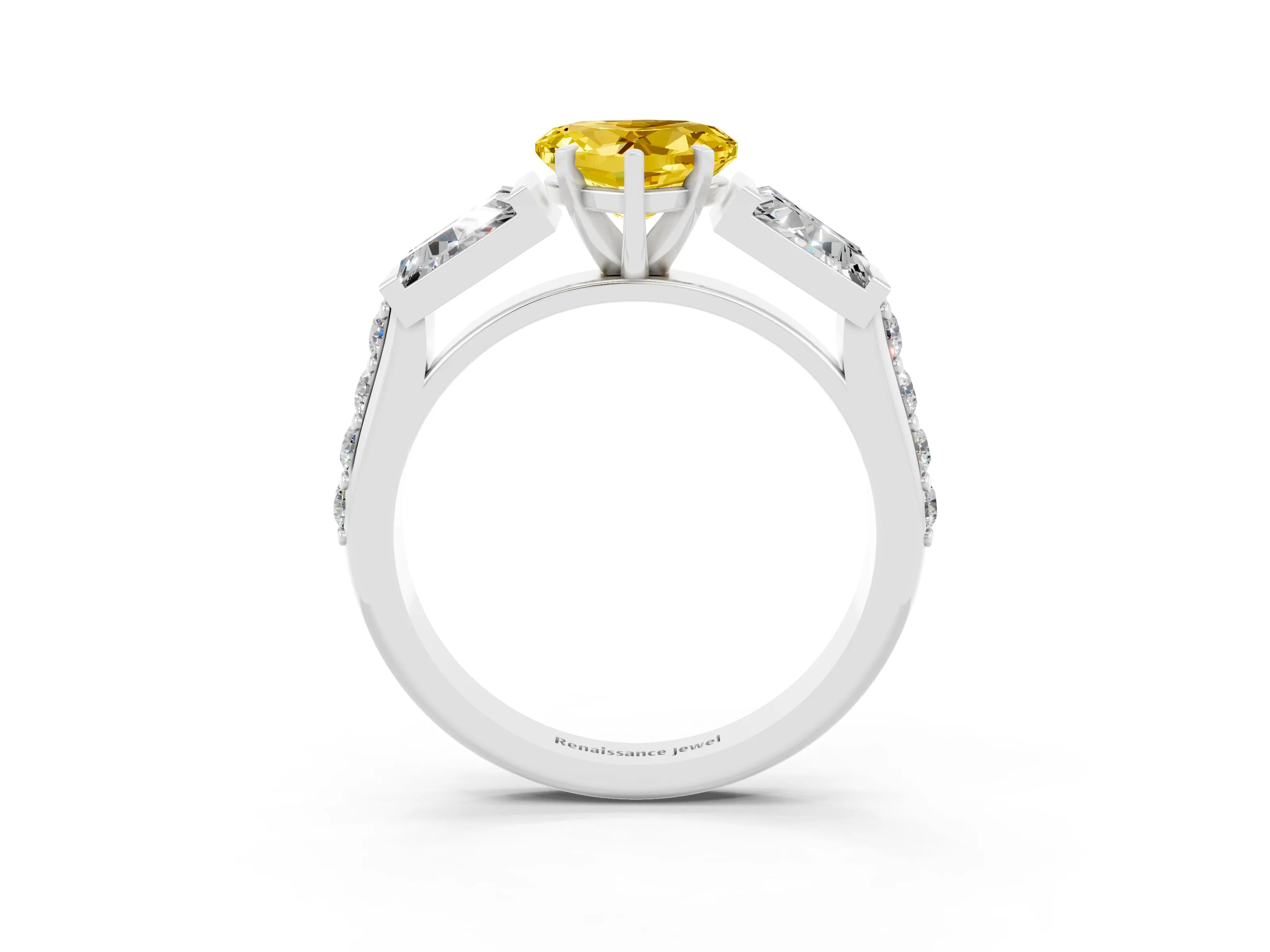 White gold Heart Cut Yellow Sapphire Engagement Ring with Baguette Side Stones and Channel Set Band_3