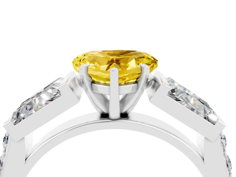 White gold Heart Cut Yellow Sapphire Engagement Ring with Baguette Side Stones and Channel Set Band_4