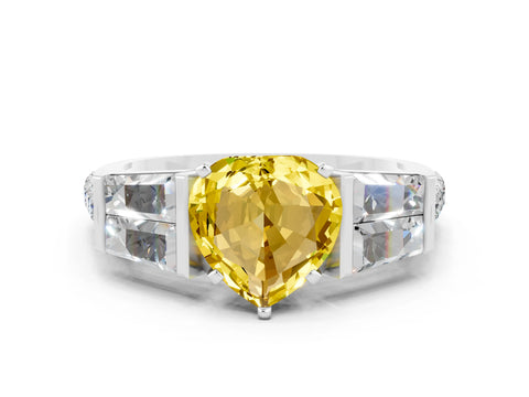 White gold Heart Cut Yellow Sapphire Engagement Ring with Baguette Side Stones and Channel Set Band