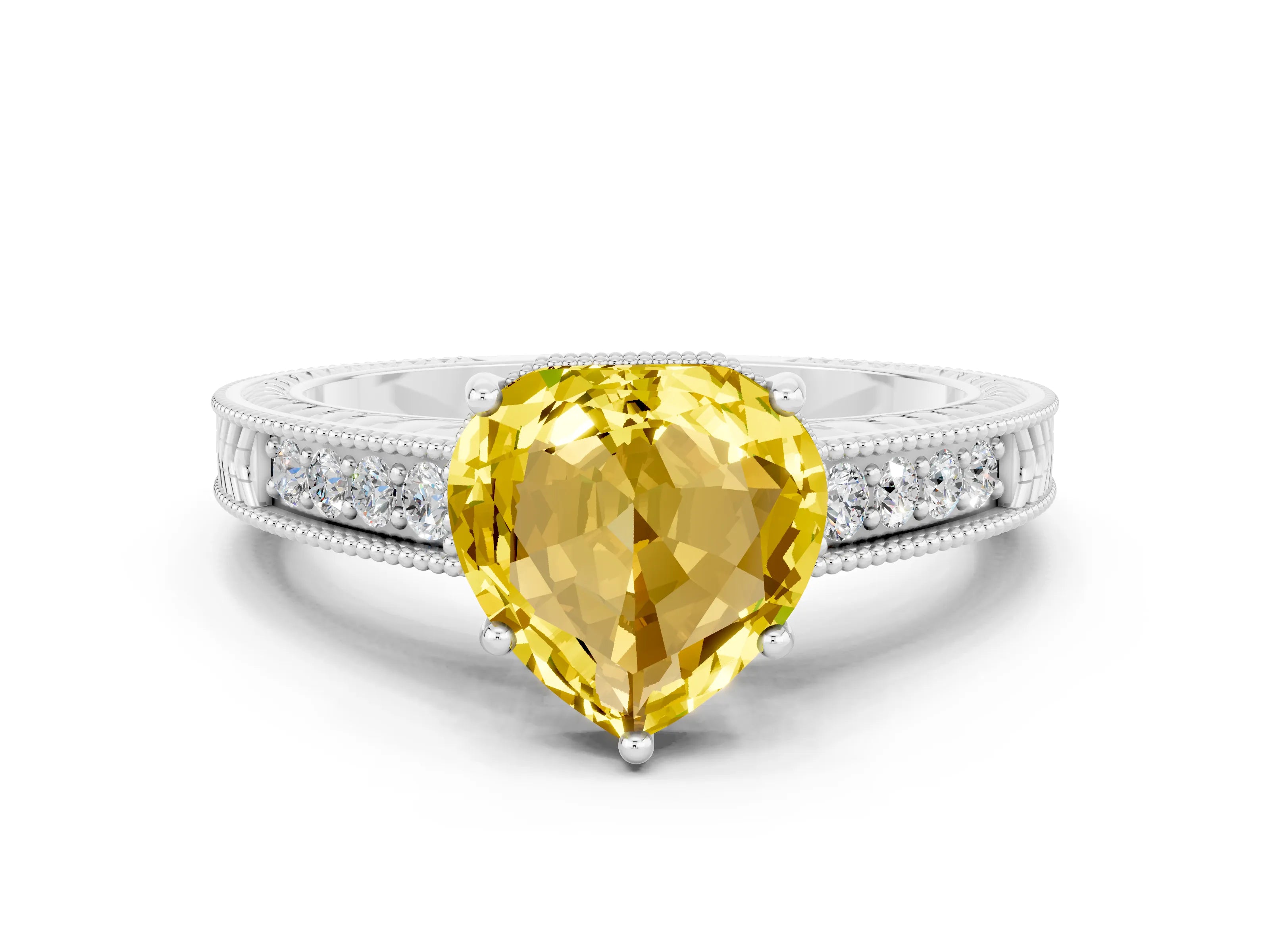 White gold Heart Cut Yellow Sapphire Engagement Ring with Milgrain Channel Set Band and Prong Setting_24