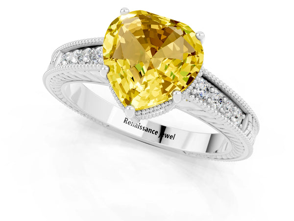 Silver Heart Cut Yellow Sapphire Engagement Ring with Milgrain Channel Set Band and Prong Setting