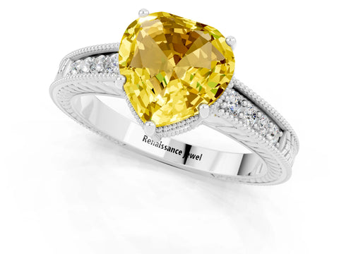 White gold Heart Cut Yellow Sapphire Engagement Ring with Milgrain Channel Set Band and Prong Setting_25