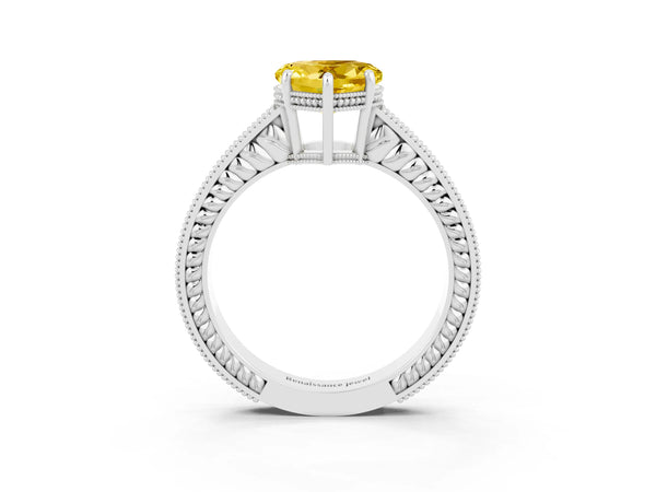 Platinum Heart Cut Yellow Sapphire Engagement Ring with Milgrain Channel Set Band and Prong Setting