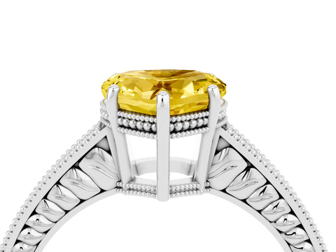 White gold Heart Cut Yellow Sapphire Engagement Ring with Milgrain Channel Set Band and Prong Setting_28
