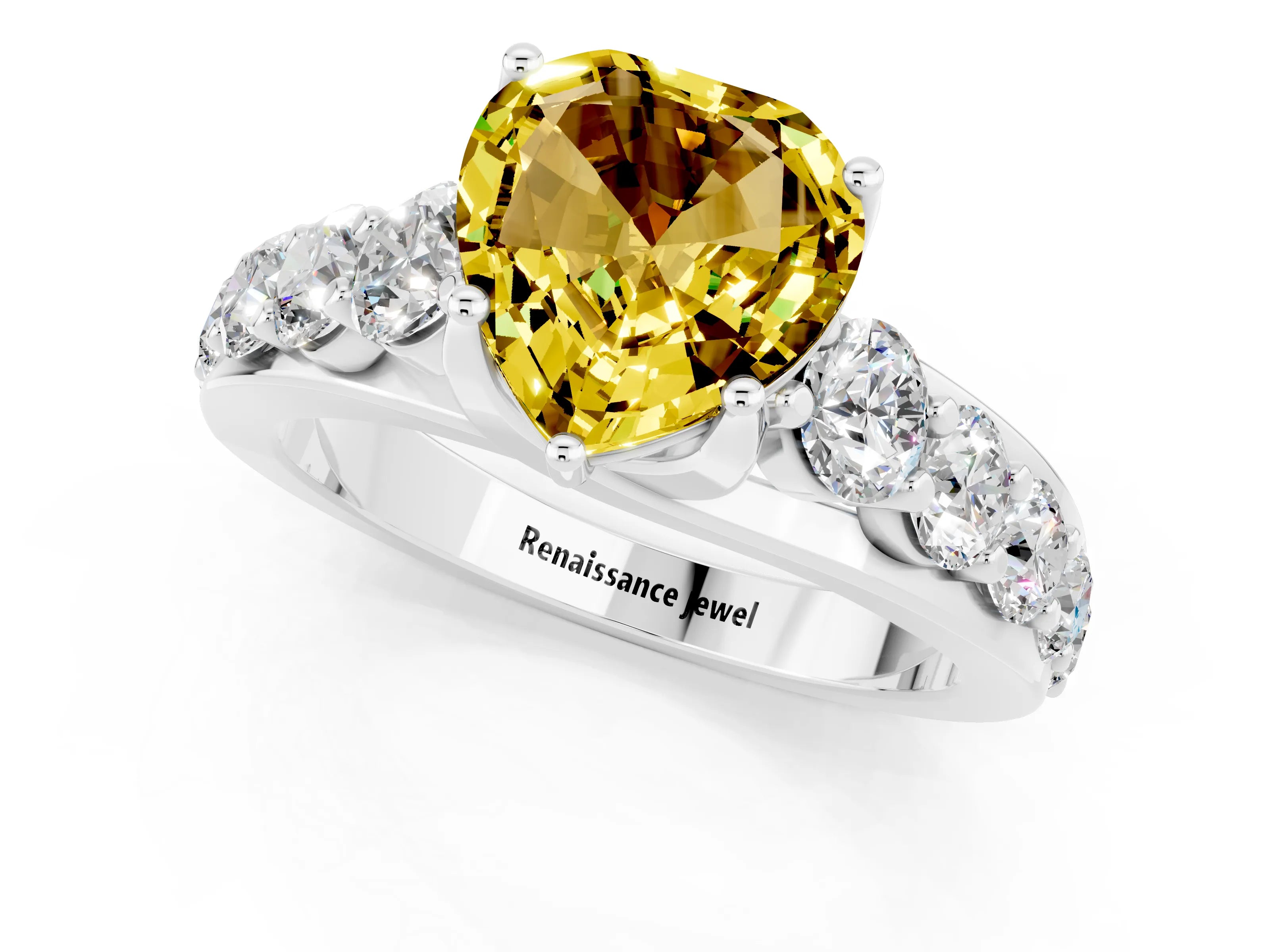 White gold Heart Cut Yellow Sapphire Engagement Ring with Pavé Band and Four-Prong Setting_1