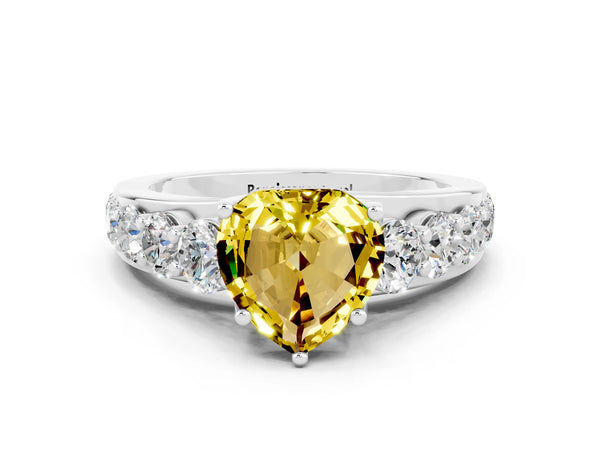 Silver Heart Cut Yellow Sapphire Engagement Ring with Pavé Band and Four-Prong Setting