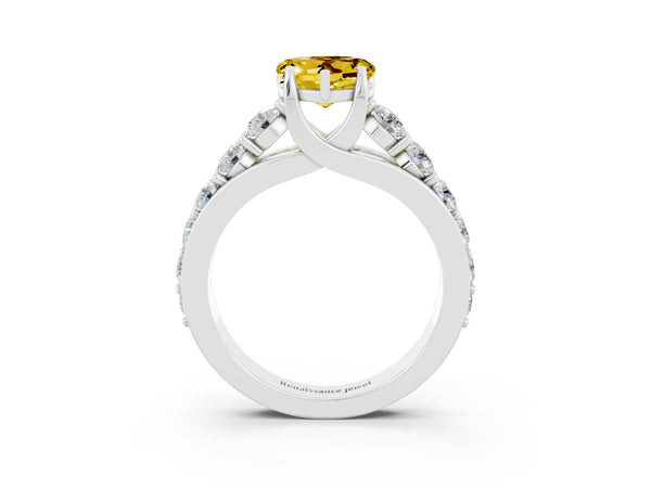 Platinum Heart Cut Yellow Sapphire Engagement Ring with Pavé Band and Four-Prong Setting