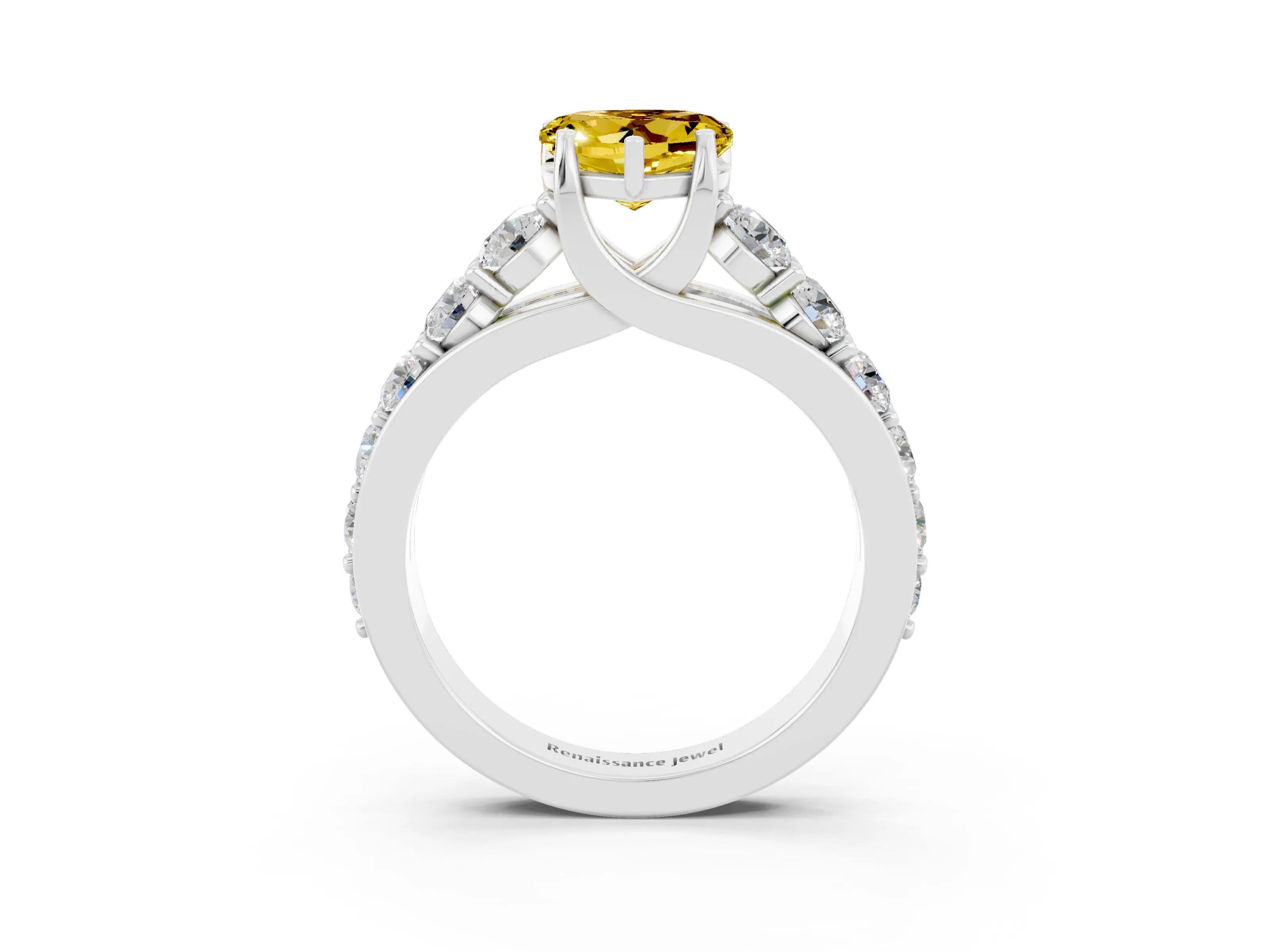 White gold Heart Cut Yellow Sapphire Engagement Ring with Pavé Band and Four-Prong Setting_3