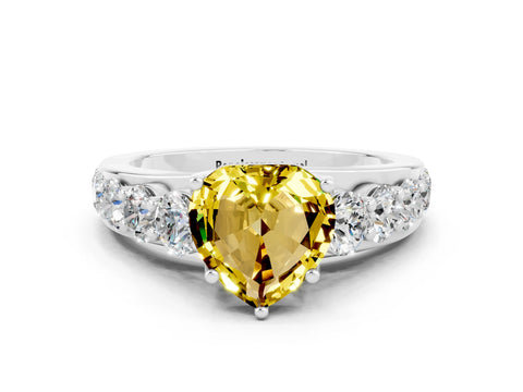 White gold Heart Cut Yellow Sapphire Engagement Ring with Pavé Band and Four-Prong Setting