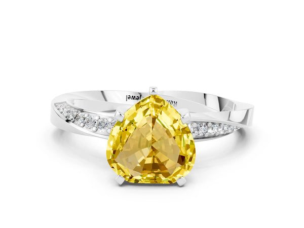 White gold Heart Cut Yellow Sapphire Engagement Ring with Side Stone Accents and Four-Prong Setting