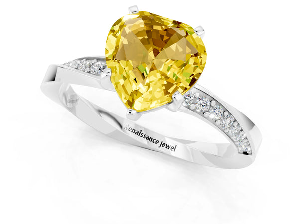 White gold Heart Cut Yellow Sapphire Engagement Ring with Side Stone Accents and Four-Prong Setting