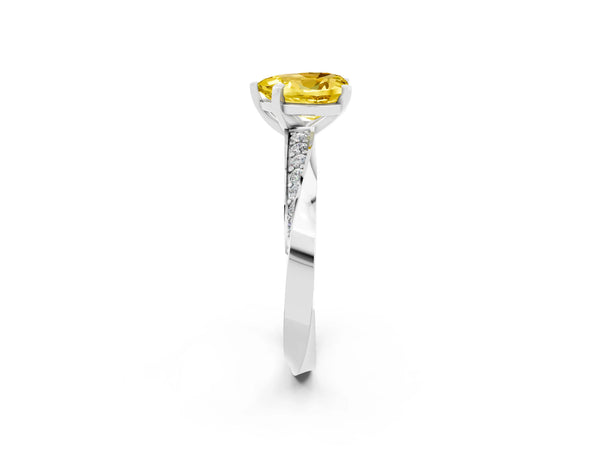 White gold Heart Cut Yellow Sapphire Engagement Ring with Side Stone Accents and Four-Prong Setting