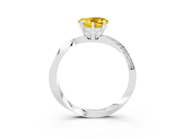 White gold Heart Cut Yellow Sapphire Engagement Ring with Side Stone Accents and Four-Prong Setting