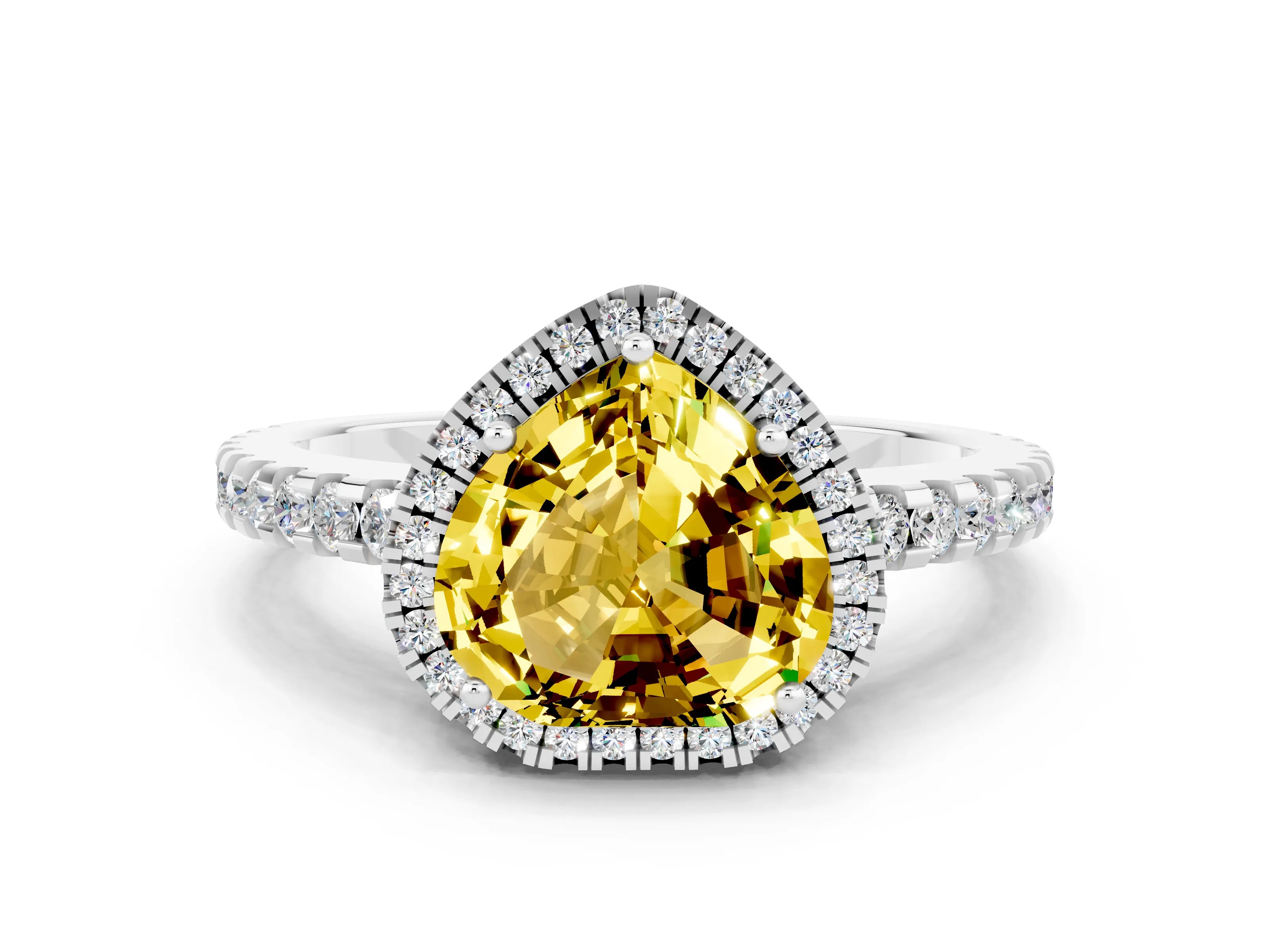 White gold Heart Cut Yellow Sapphire Halo Engagement Ring with Pavé Band and Prong Setting_12