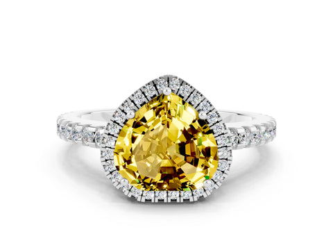 White gold Heart Cut Yellow Sapphire Halo Engagement Ring with Pavé Band and Prong Setting_12