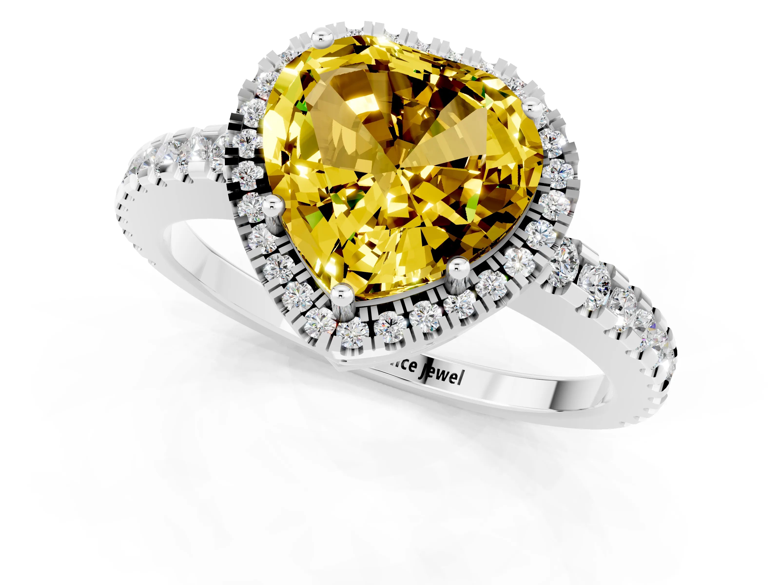 White gold Heart Cut Yellow Sapphire Halo Engagement Ring with Pavé Band and Prong Setting_13