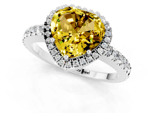 White gold Heart Cut Yellow Sapphire Halo Engagement Ring with Pavé Band and Prong Setting_13