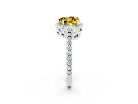 White gold Heart Cut Yellow Sapphire Halo Engagement Ring with Pavé Band and Prong Setting_14
