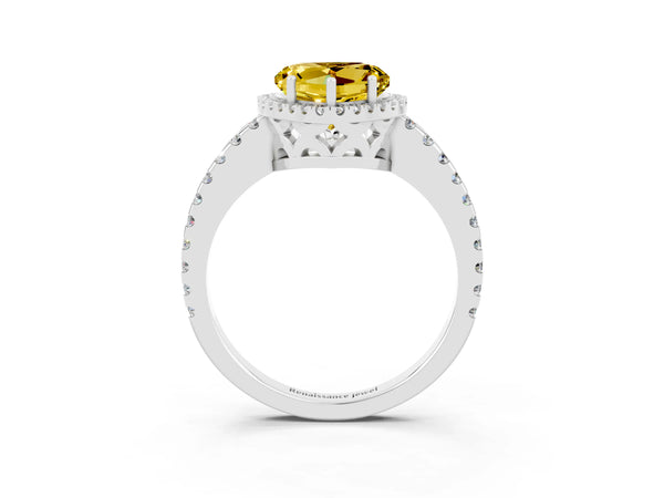 Silver Heart Cut Yellow Sapphire Halo Engagement Ring with Pavé Band and Prong Setting