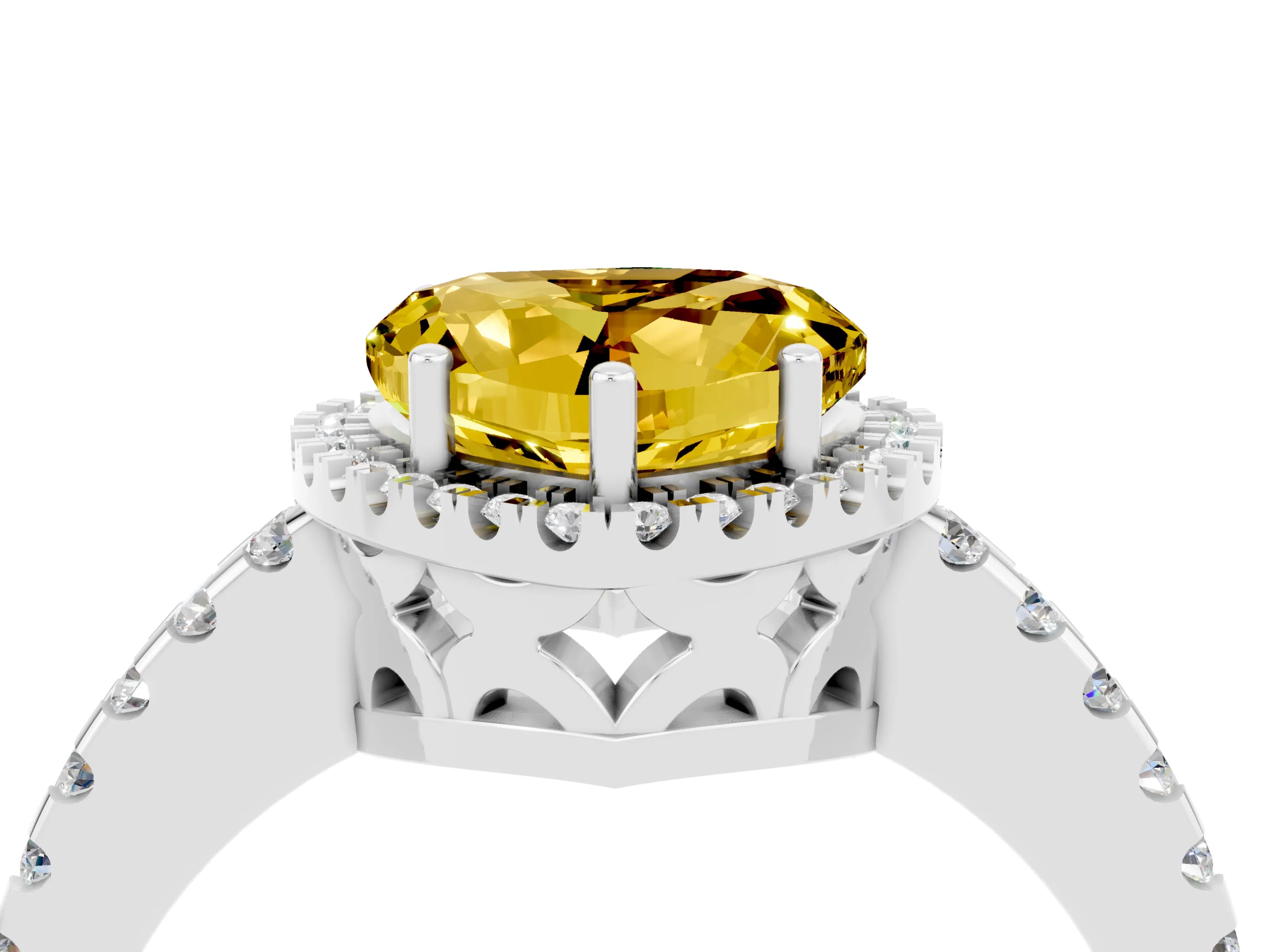 White gold Heart Cut Yellow Sapphire Halo Engagement Ring with Pavé Band and Prong Setting_16