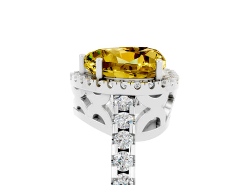 White gold Heart Cut Yellow Sapphire Halo Engagement Ring with Pavé Band and Prong Setting_17