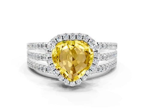 White gold Heart Cut Yellow Sapphire Halo Engagement Ring with Split Shank and Four-Prong Setting_12