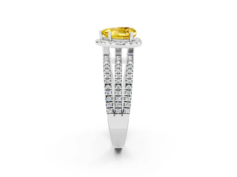 White gold Heart Cut Yellow Sapphire Halo Engagement Ring with Split Shank and Four-Prong Setting_14