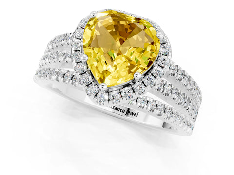 White gold Heart Cut Yellow Sapphire Halo Engagement Ring with Split Shank and Four-Prong Setting_1