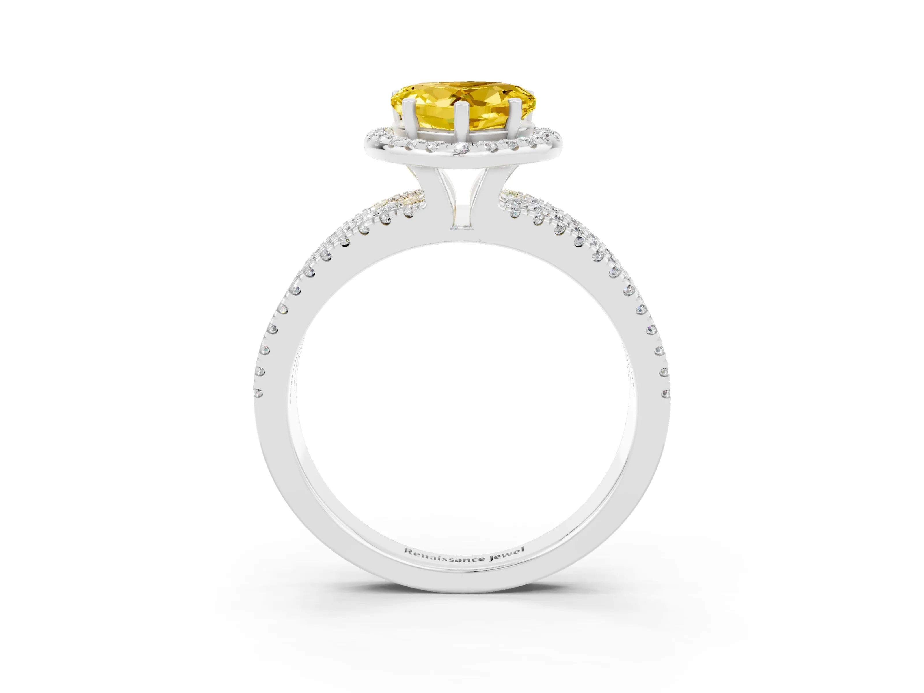 White gold Heart Cut Yellow Sapphire Halo Engagement Ring with Split Shank and Four-Prong Setting_3