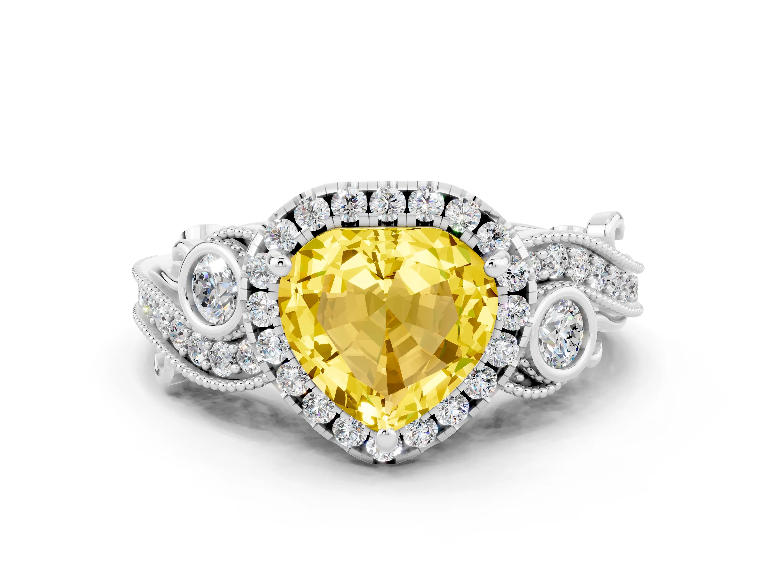 White gold Heart Cut Yellow Sapphire Halo Ring with Milgrain Pavé Band and Four-Prong Setting_12