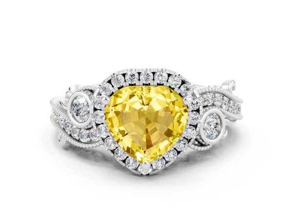 White gold Heart Cut Yellow Sapphire Halo Ring with Milgrain Pavé Band and Four-Prong Setting