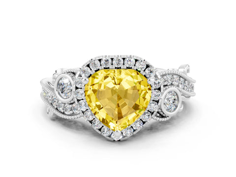 White gold Heart Cut Yellow Sapphire Halo Ring with Milgrain Pavé Band and Four-Prong Setting_12