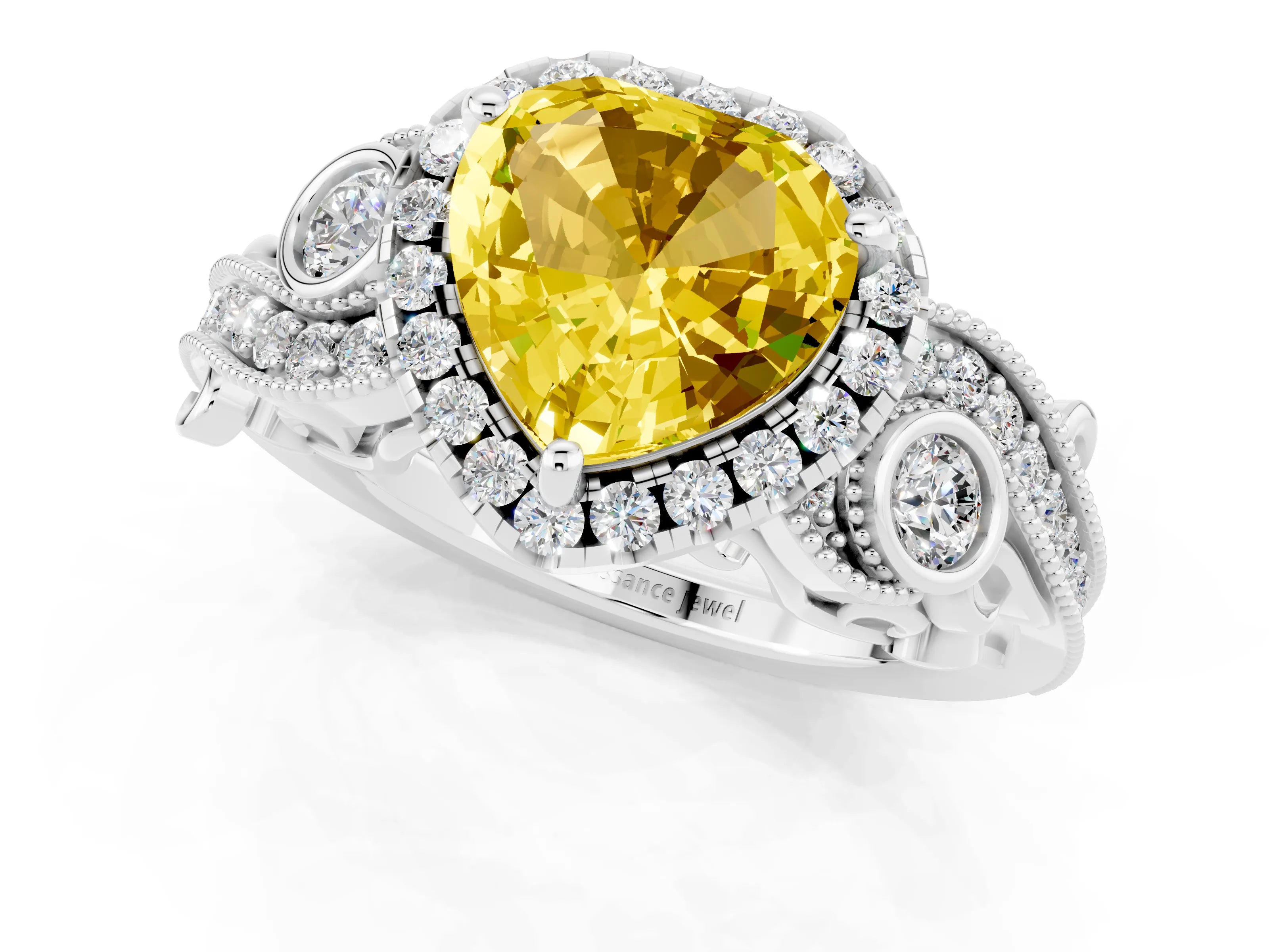 White gold Heart Cut Yellow Sapphire Halo Ring with Milgrain Pavé Band and Four-Prong Setting_13